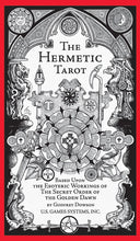 Load image into Gallery viewer, The image displays the cover of the Hermetic Tarot deck, showcasing intricate black and white artwork. The design includes symbolic imagery related to the esoteric workings of the Secret Order of the Golden Dawn, such as astrological signs, sephirotic symbols, and possibly other mystical or esoteric elements.