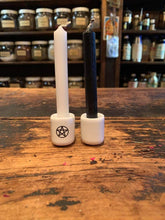Load image into Gallery viewer, Two Mini Taper Spell Candles sitting in two porcelain holders.