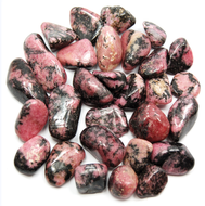 A collection of polished Rhodonite tumbled gemstones with pink and black colors, varying in size and pattern.